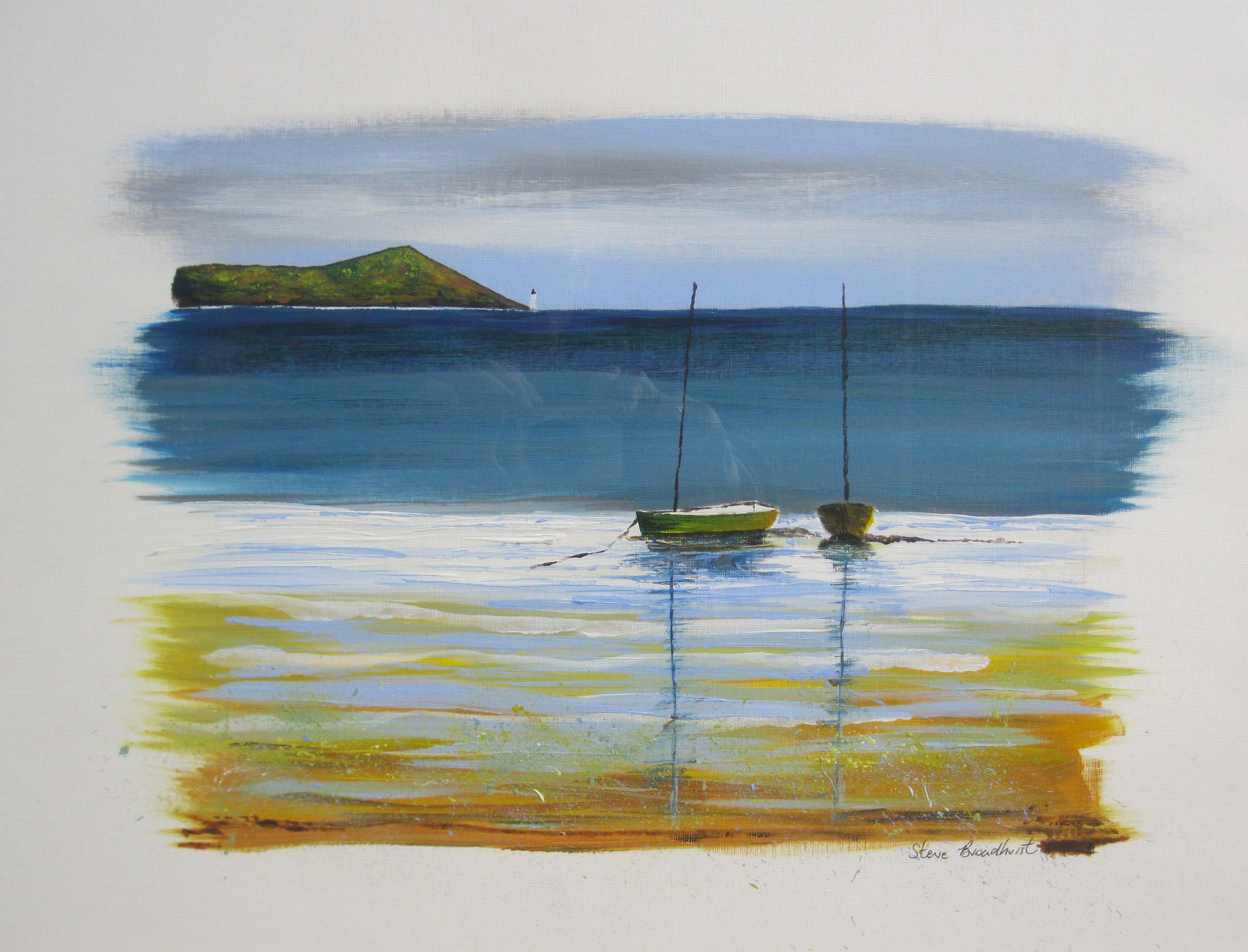 painting of boats on beach, sefton art group