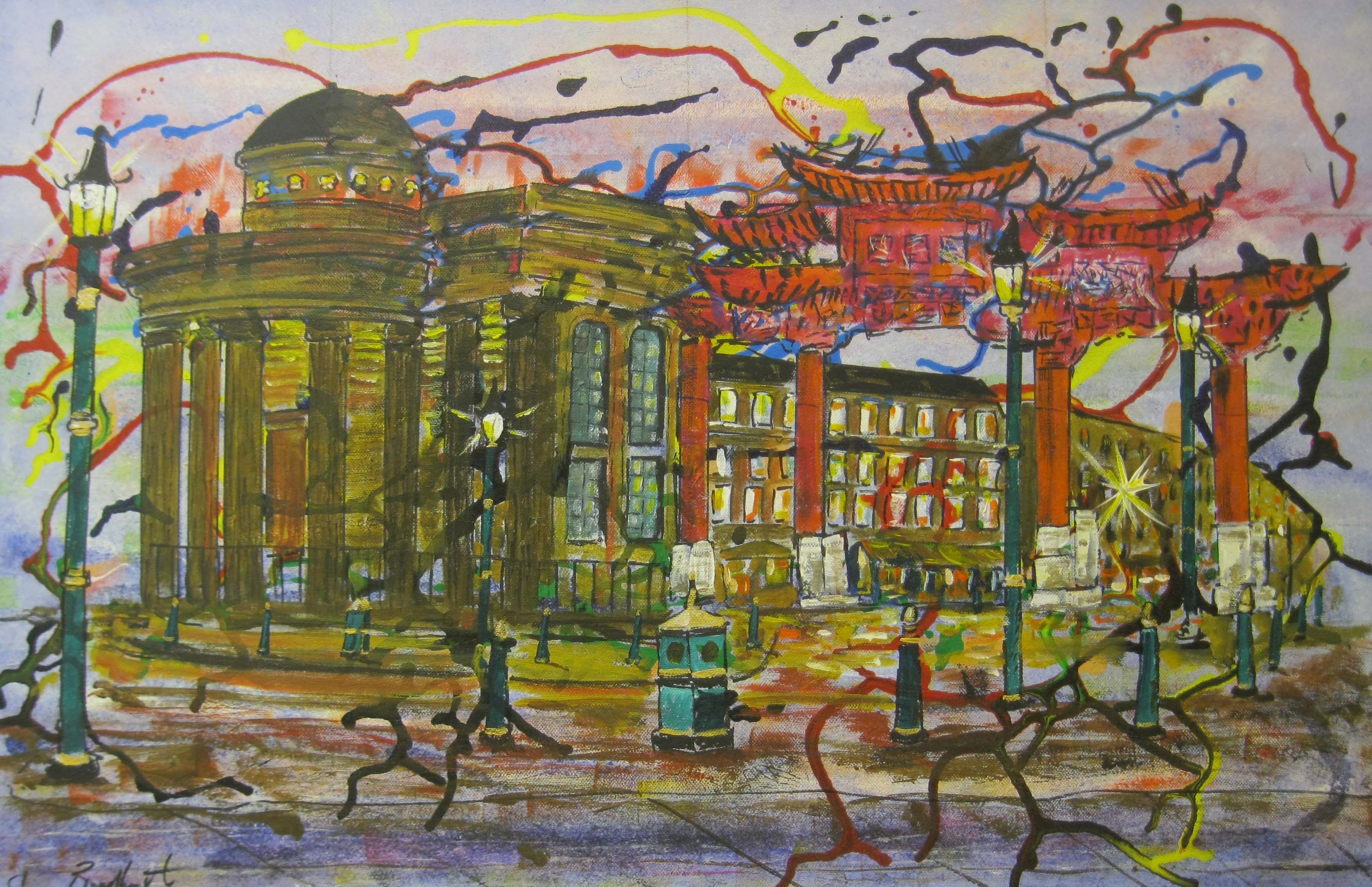 painting of china town, liverpool, sefton art group