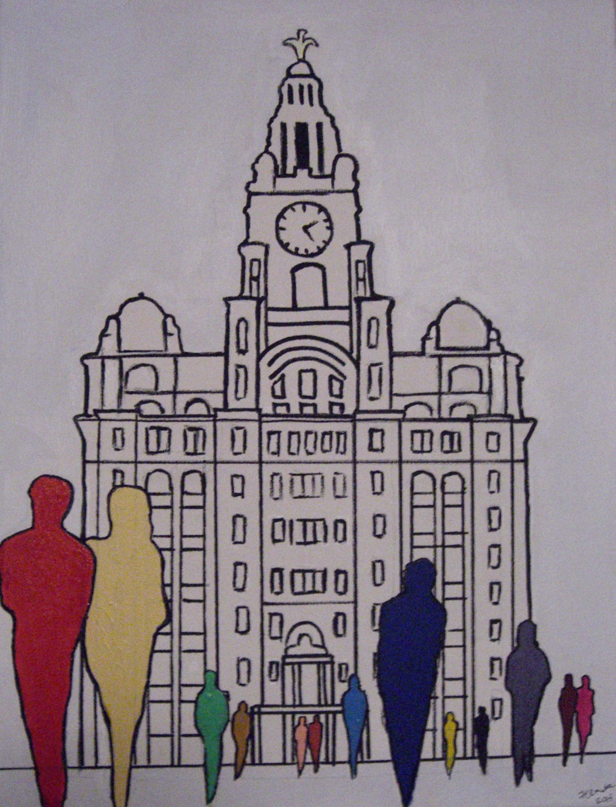 painting of liver buildings liverpool by the sefton art group artist frank clarke