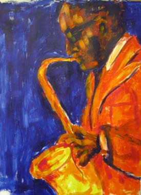 painting of a saxaphonist by hazel, seftonartgroup