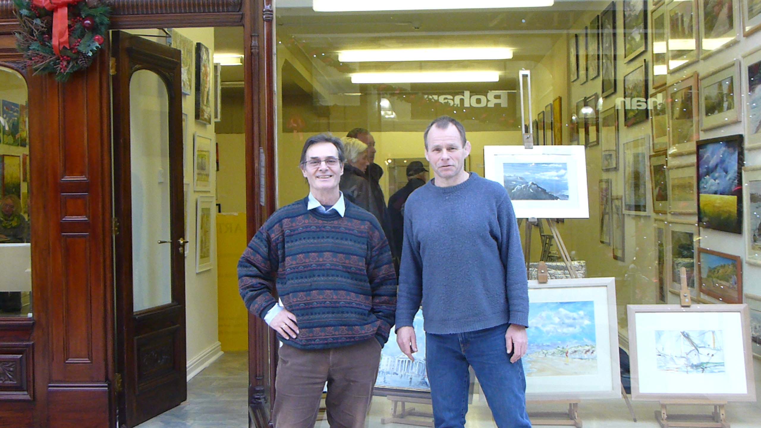 roy munday and graham macquade outside art gallery in wayfarers arcade, southport