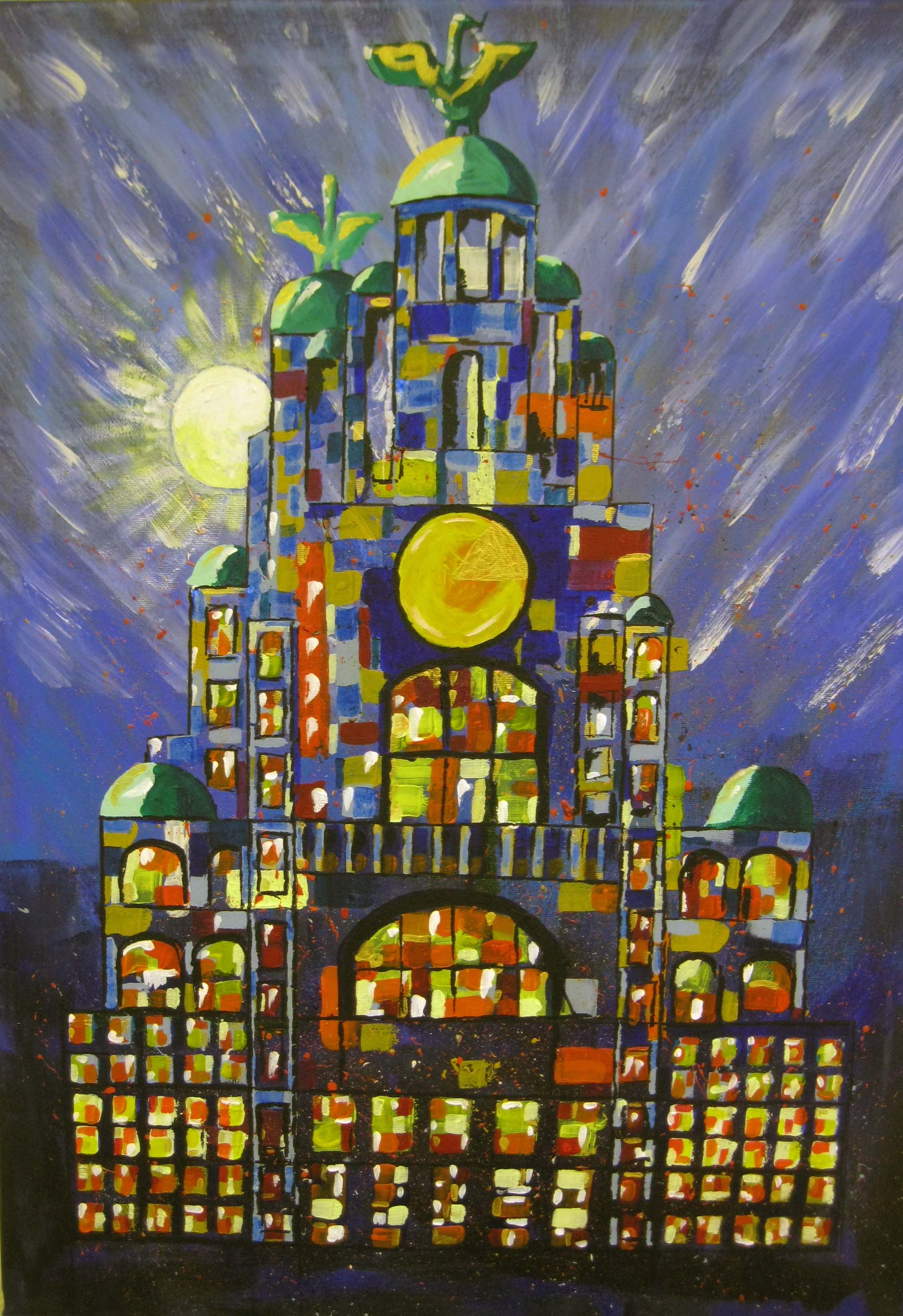 painting of the liver buildings, merseyside, sefton art group