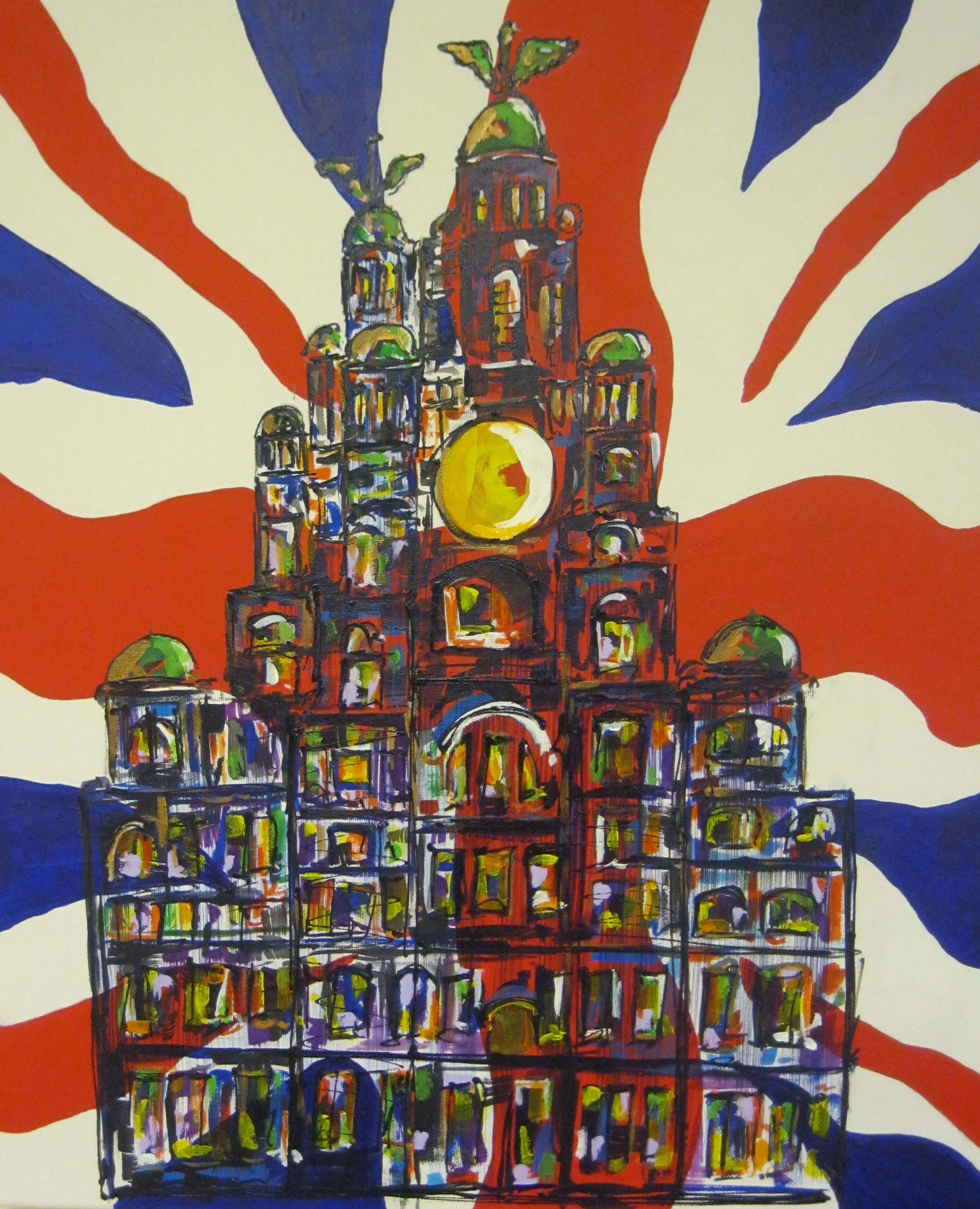 painting of the liver buildings, merseyside, sefton art group