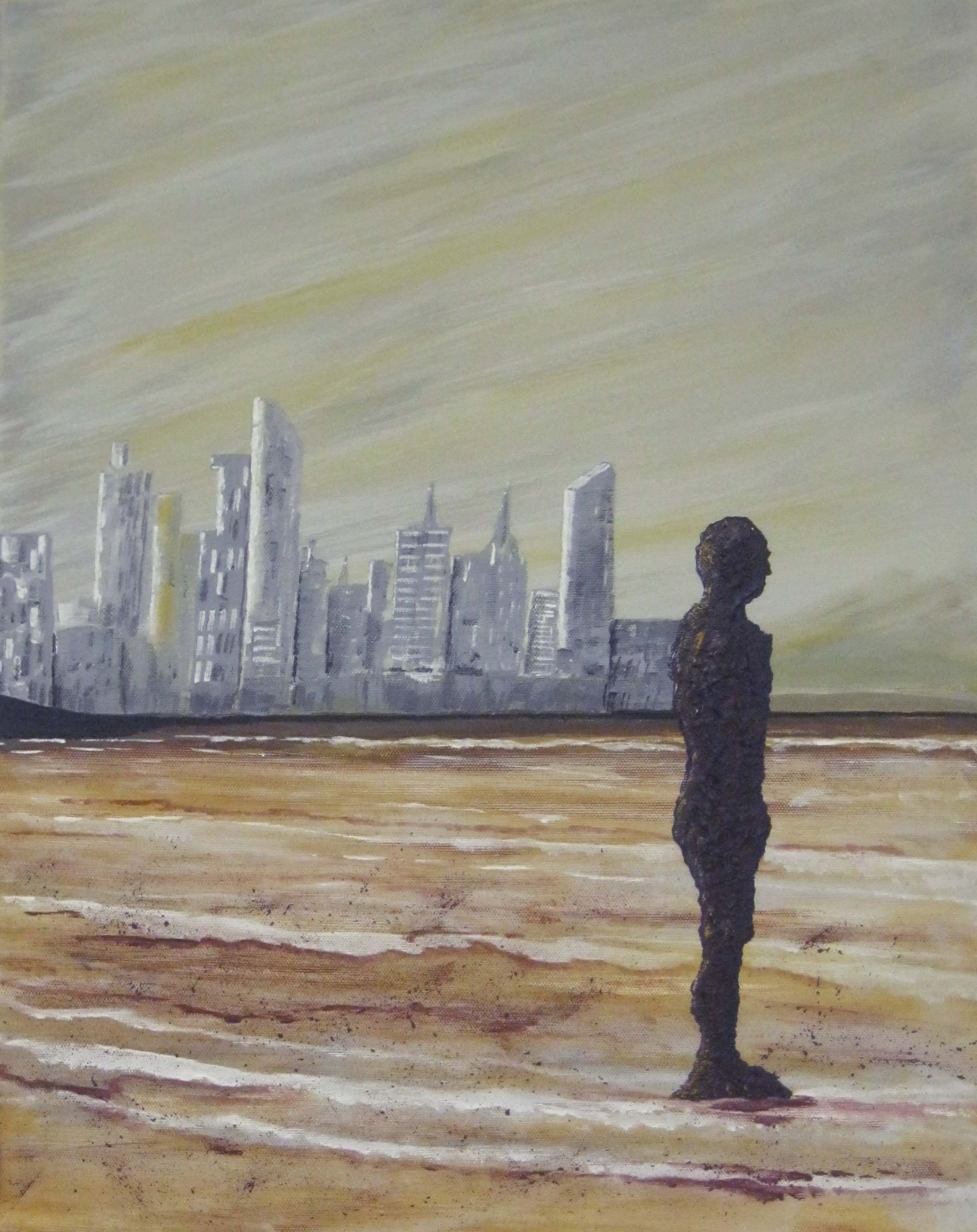 painting of an iron man, crosby beach, merseyside, sefton art group